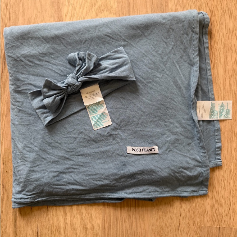 Posh Peanut Dusty Blue Swaddle & Bow Set